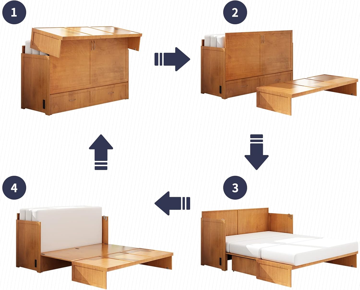 Multifunctional Murphy Cabinet Bed with Built-in USB Power Strip& 2 Drawers, Foldable Platform Bed - Cherry