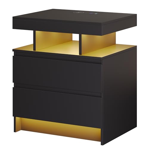 dnbss Nightstand with Wired/Wireless Charging Station, Auto LED Lighting Bedside Tables with Drawers, Night Stand with 3-Color Lights & Adjustable Brightness for Bedroom (Black)