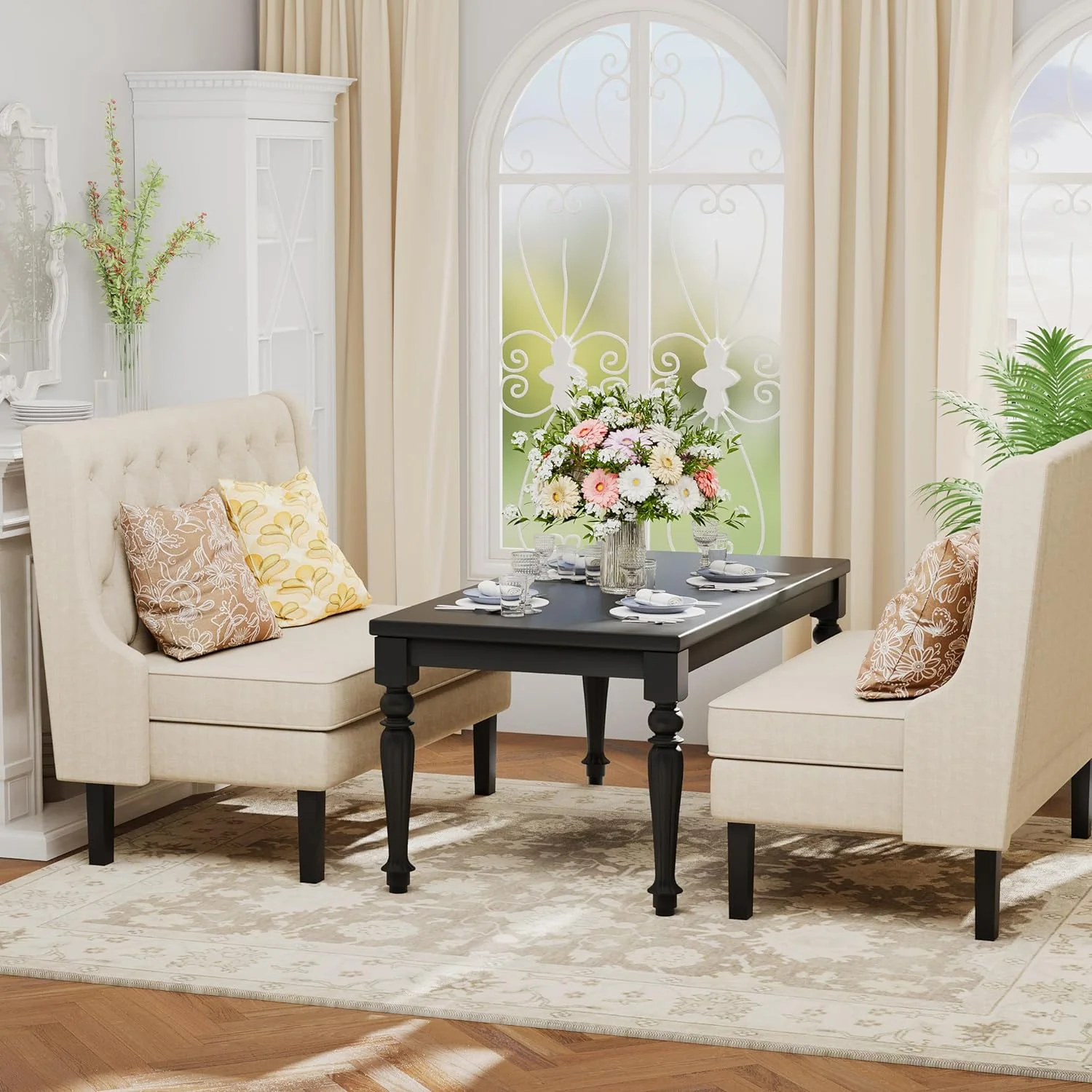 Loveseat Settee Bench with Natural Rattan Arms,Upholstered Modern High-Back Mini Sofa Couch,Banquette Dining Bench for Living Dining Room Bedroom Office Small Space Entryway,Light Grey
