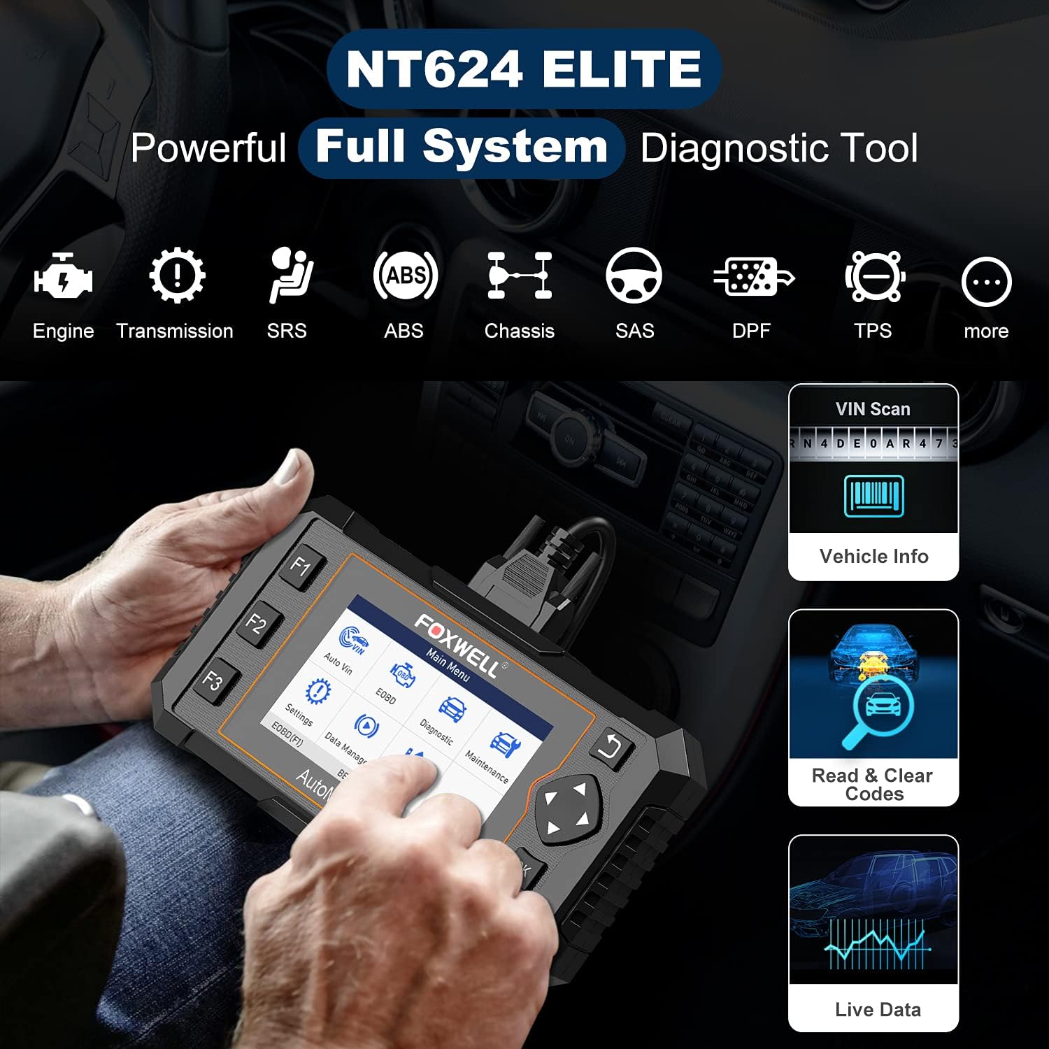 FOXWELL Obd2 Scanner All Systems Diagnostic Scan Tool NT624 Elite, Automotive Diagnostic Tool for All Cars with EPB Reset/Oil Light Reset/ABS Bleeding/Throttle Reset/SAS Calibration (2022 Version)