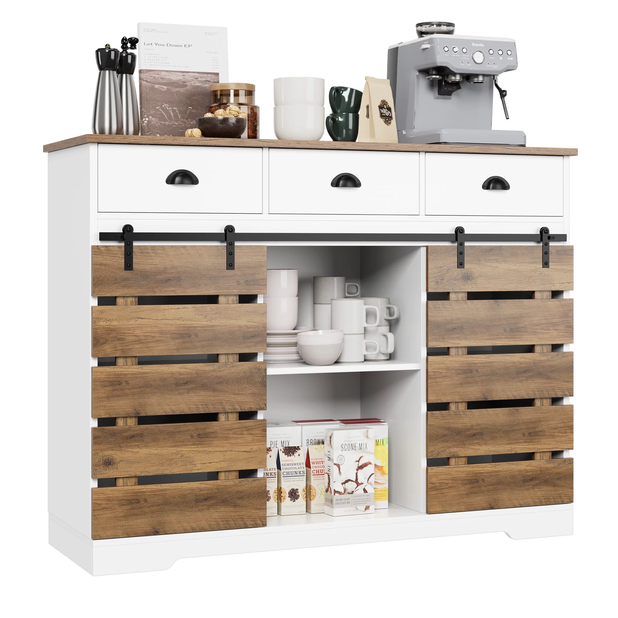 Homfa 47.2‘’ Kitchen Buffet Cabinet, 3 Drawers Farmhouse Coffee Bar Sideboard with 2 Sliding Barn Doors, White