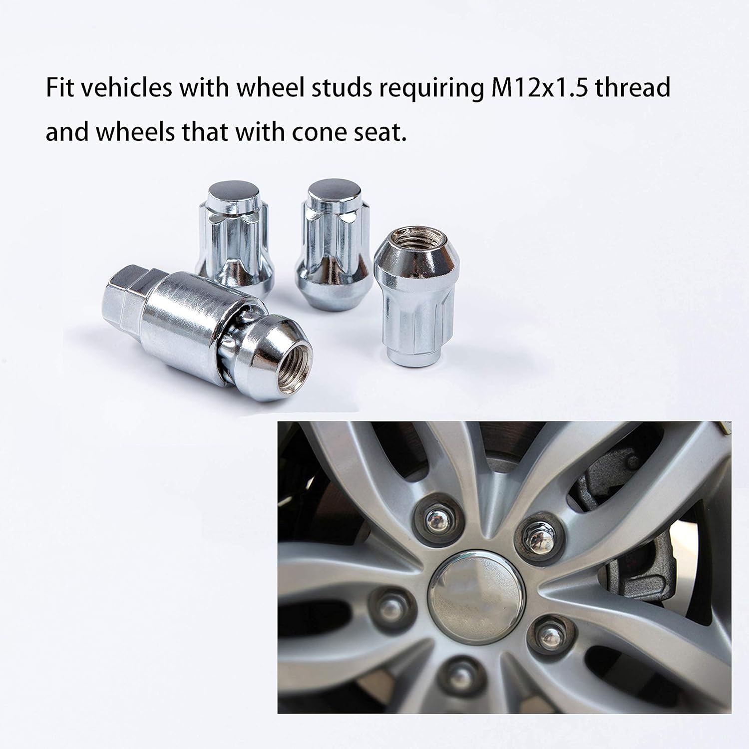 Wheel Locks Anti Theft, M12 x 1.5 Thread Size Chrome Cone Seat Wheel Locking Nuts Set of 4 and Wheel Lock Key Pouch Pack of 2