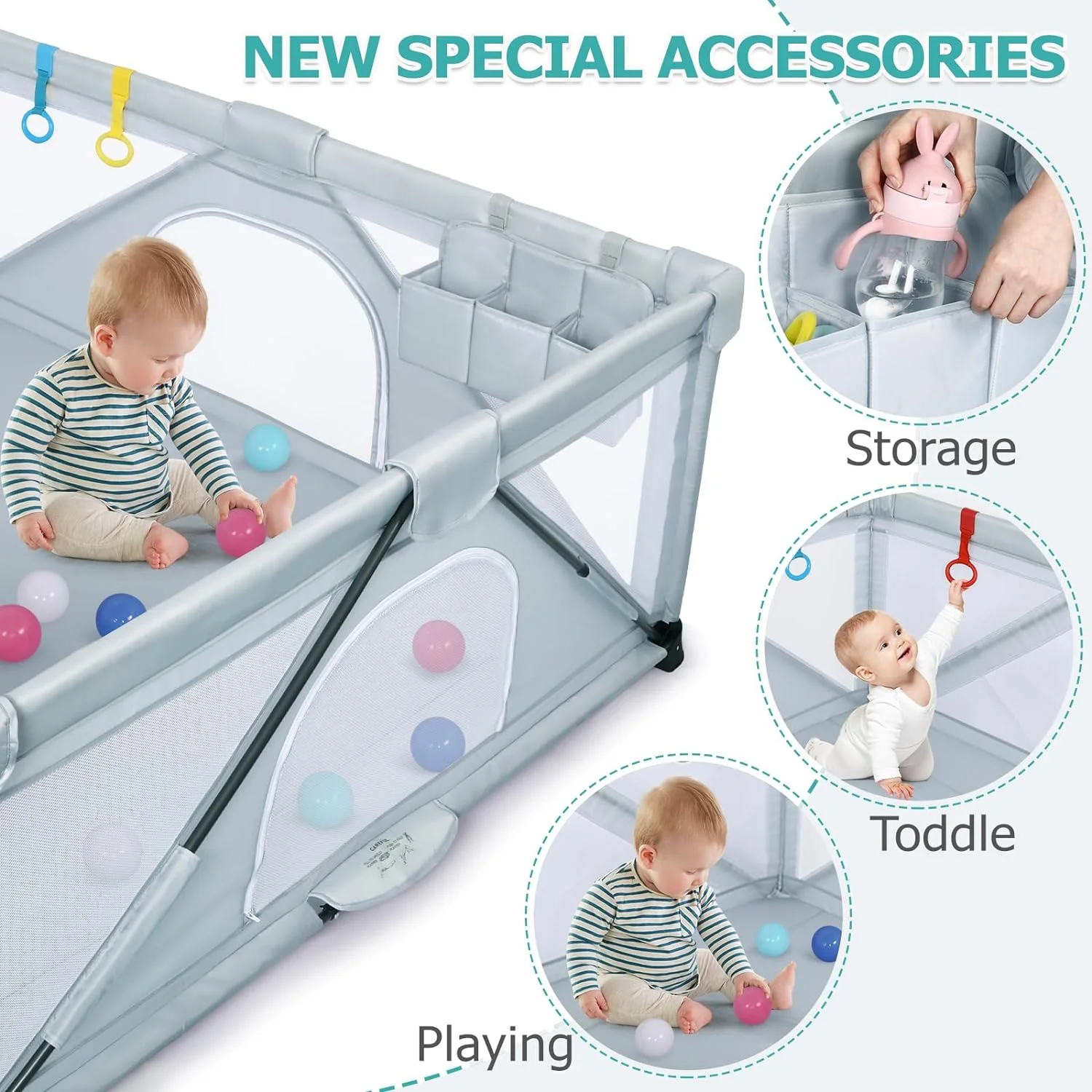 Baby Playpen: Foldable Playpen for Babies and Toddlers Large Play Pen Portable Playpen Fence Indoor Outdoor Kids Safety Area Travel Play Yard with 2 Storage Bags 4 Handlers 50 Balls (71" × 59")