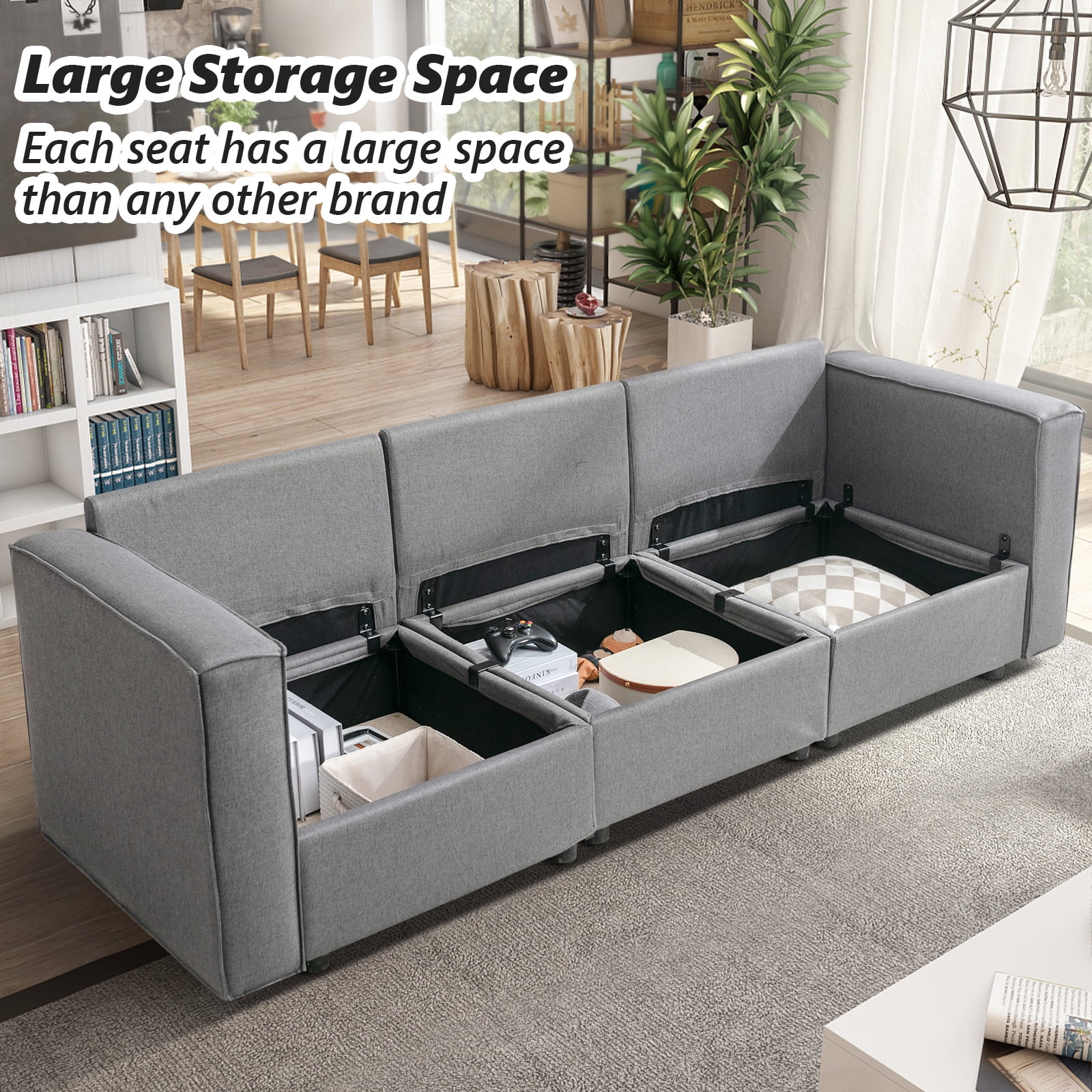 Bonzy Home U-Shaped Sectional Sofa with Storage and Reversible Chaises,Light Grey