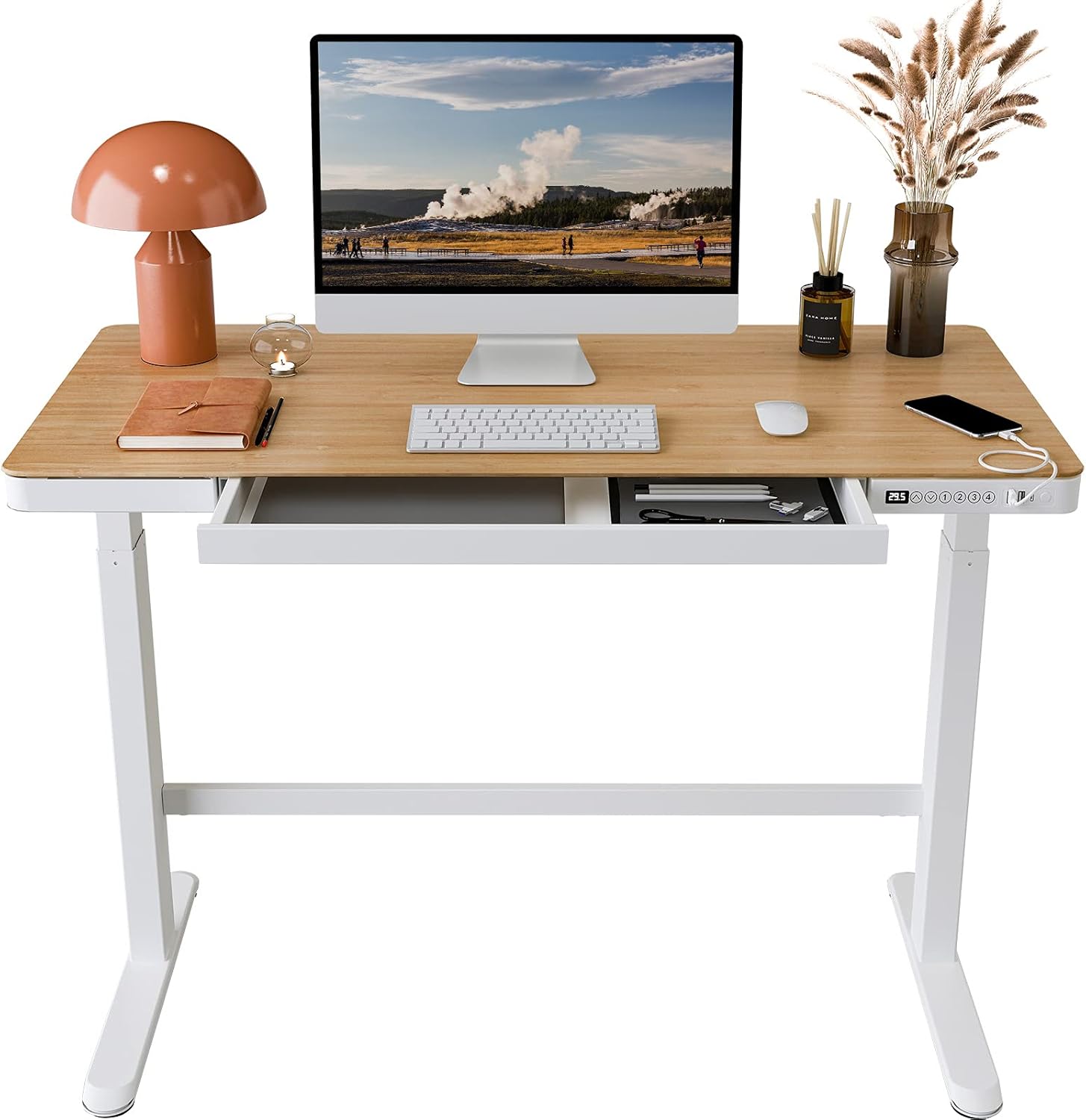 FLEXISPOT EW8 Electric Height Adjustable Standing Desk with Drawers 48 Inches Red Oak Desktop and Adjustable White Frame Quick Install Computer Workstation (USB Charging Ports, Memory Controller)