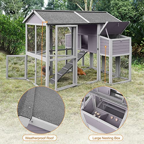 GUTINNEEN Large Chicken Coops for 6-10 Chickens, Hen House with 2 Nesting Boxes, Poultry Cage with Ramps and Run, Waterproof Roof
