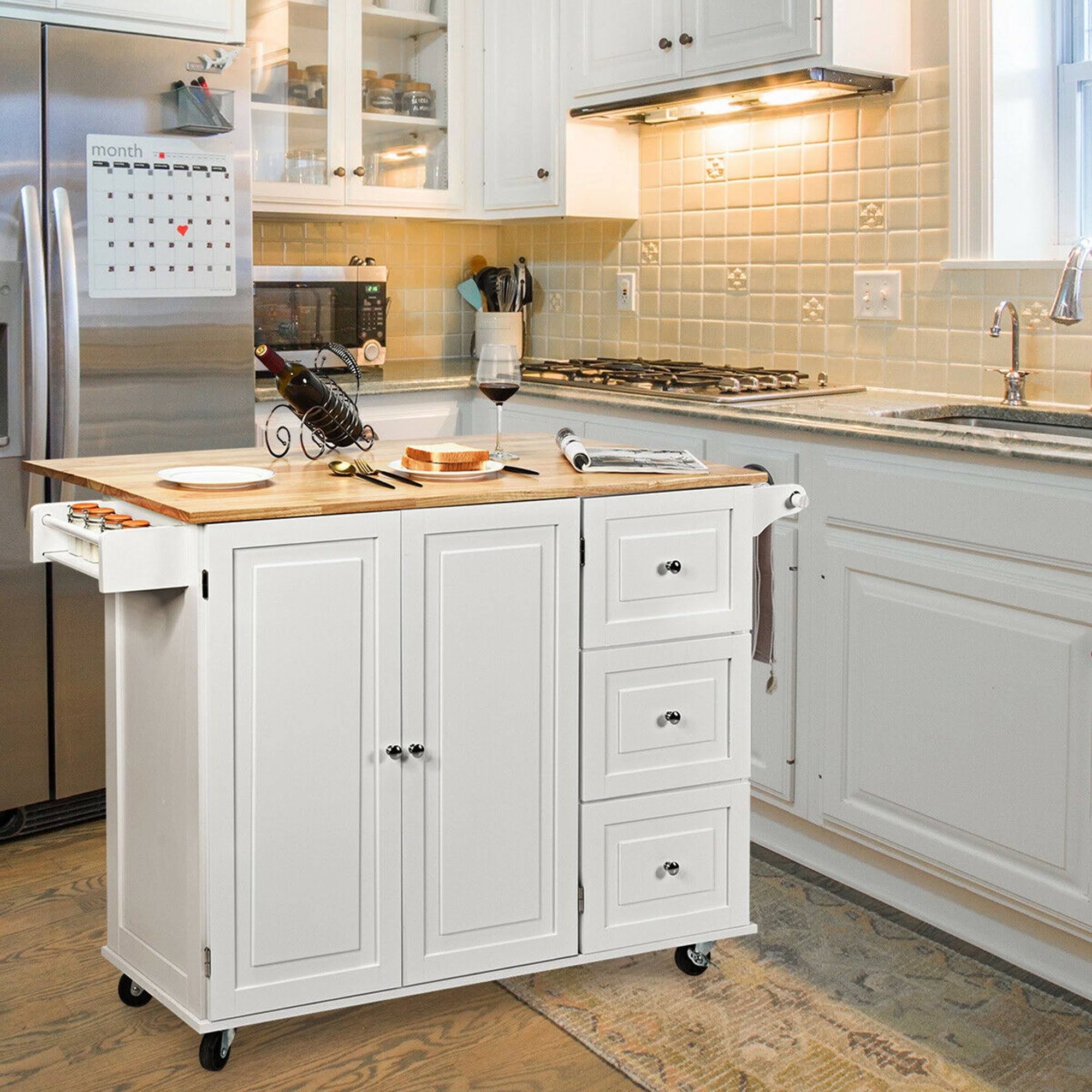 Gymax Drop-Leaf Kitchen Island Trolley Cart Wood Storage Cabinet w/ - See Details - Kitchen Cart - White