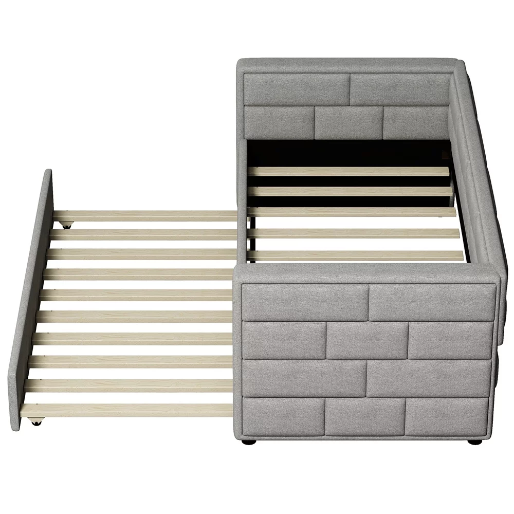 Twin Daybed with Trundle, Upholstered with Storage Drawers, Wood, No Box Spring Needed, Gray