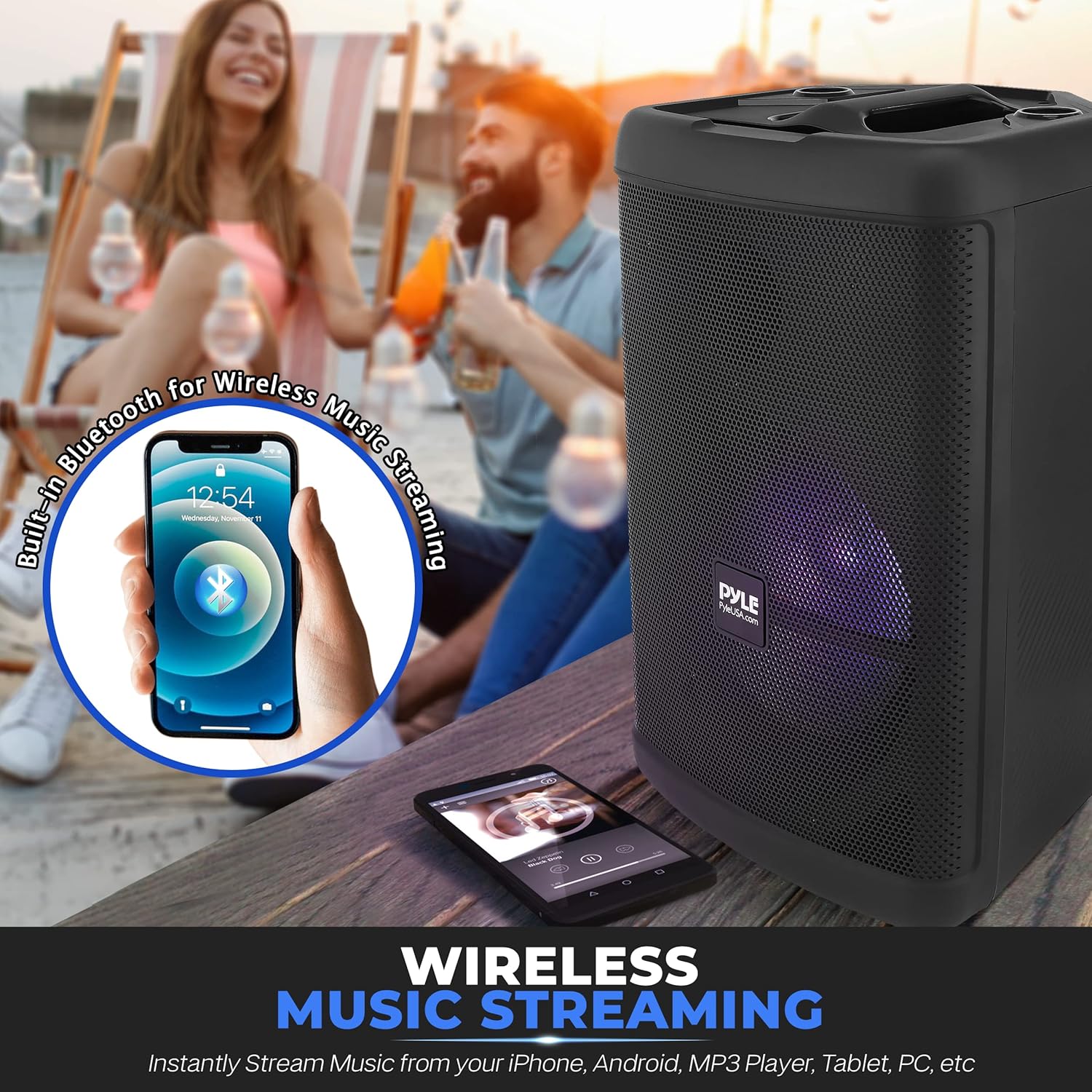 Pyle Portable Bluetooth PA Speaker - 500W 15” Rechargeable Outdoor BT Karaoke Audio System - TWS, Party Lights, LED Display, FM/AUX/MP3/USB/SD, 6.5mm in, Carry Handle - Wireless Mic, Remote Control
