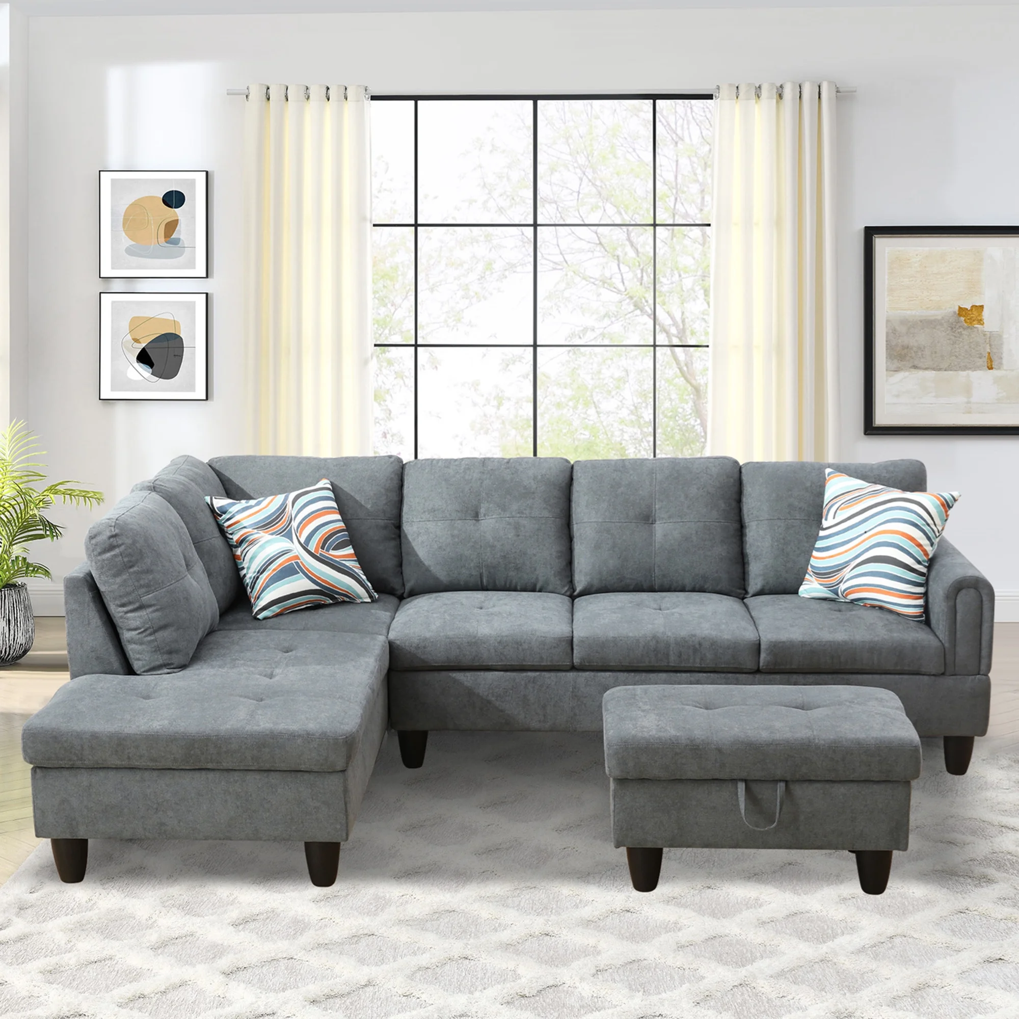 Aukfa Sectional Sofa, 97" Living Room Couch w/ Storage Ottoman, Left Facing Chaise, Flannel, Gray