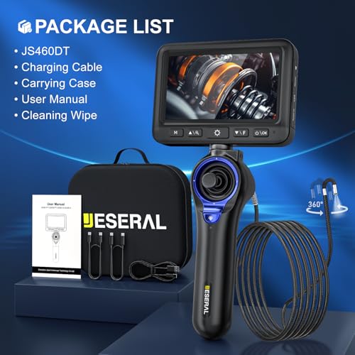 360°Articulating Borescope Camera - JESERAL 5" HD 1080P Inspection Camera Screen with 6 Light, Endoscope with 6.2mm IP67 Waterproof Probe, 3X Zoom 4-Way Borescope with Flexible Cable