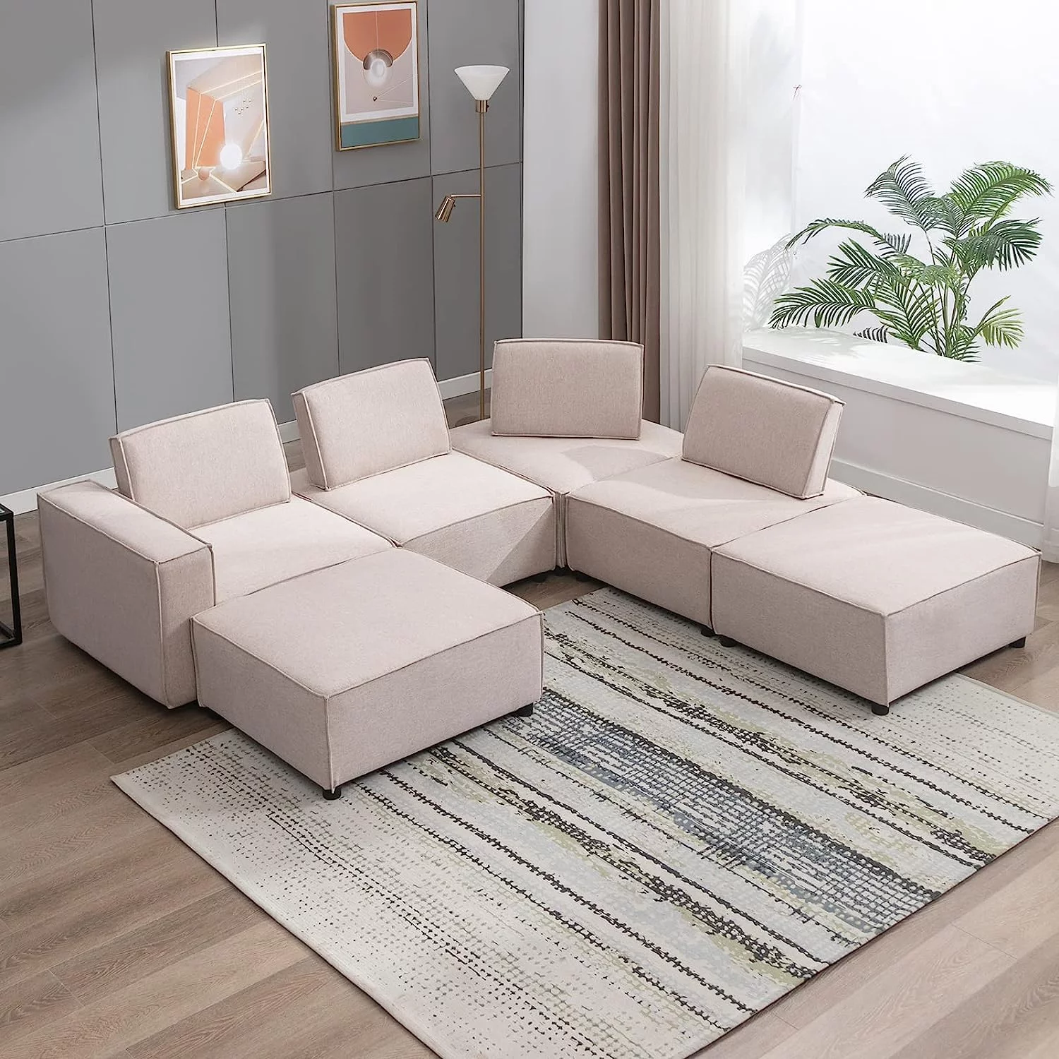 ZAFLY L Shaped Modular Sectional Sofa Couch, Armless Floor Sofa Couch with Ajustable Backrest, Convertible 6 Seats Sofa Bed, Oversized Variable Sectional Sofa Couches for Living Room, Beige
