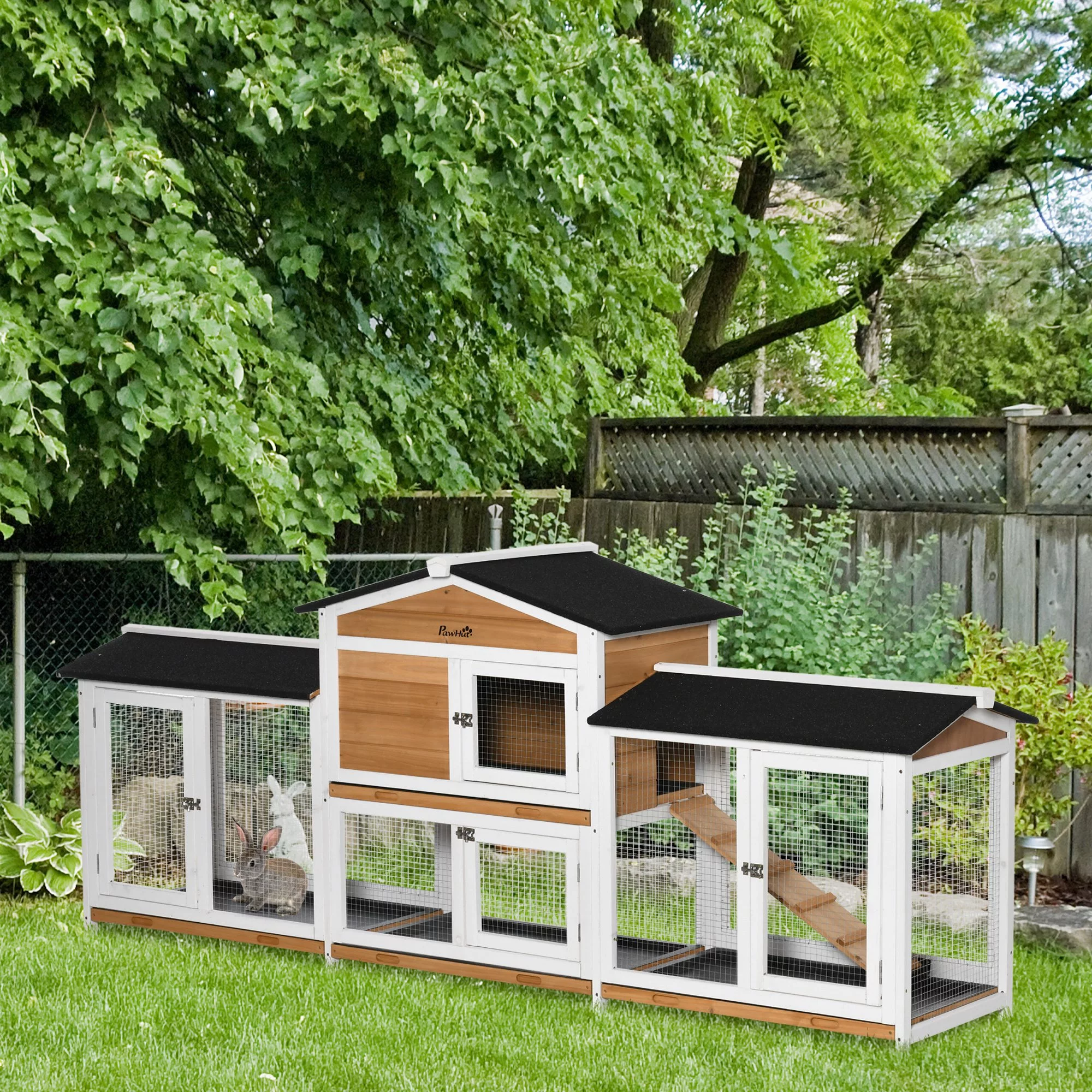 PawHut 90.5" Wooden Rabbit Hutch Bunny Cage Pet Playpen House Enclosure with Double Side Run Boxes, No Leak Tray, Ramp, for Guinea Pig and Small Animals, White - Curated Treasures Market