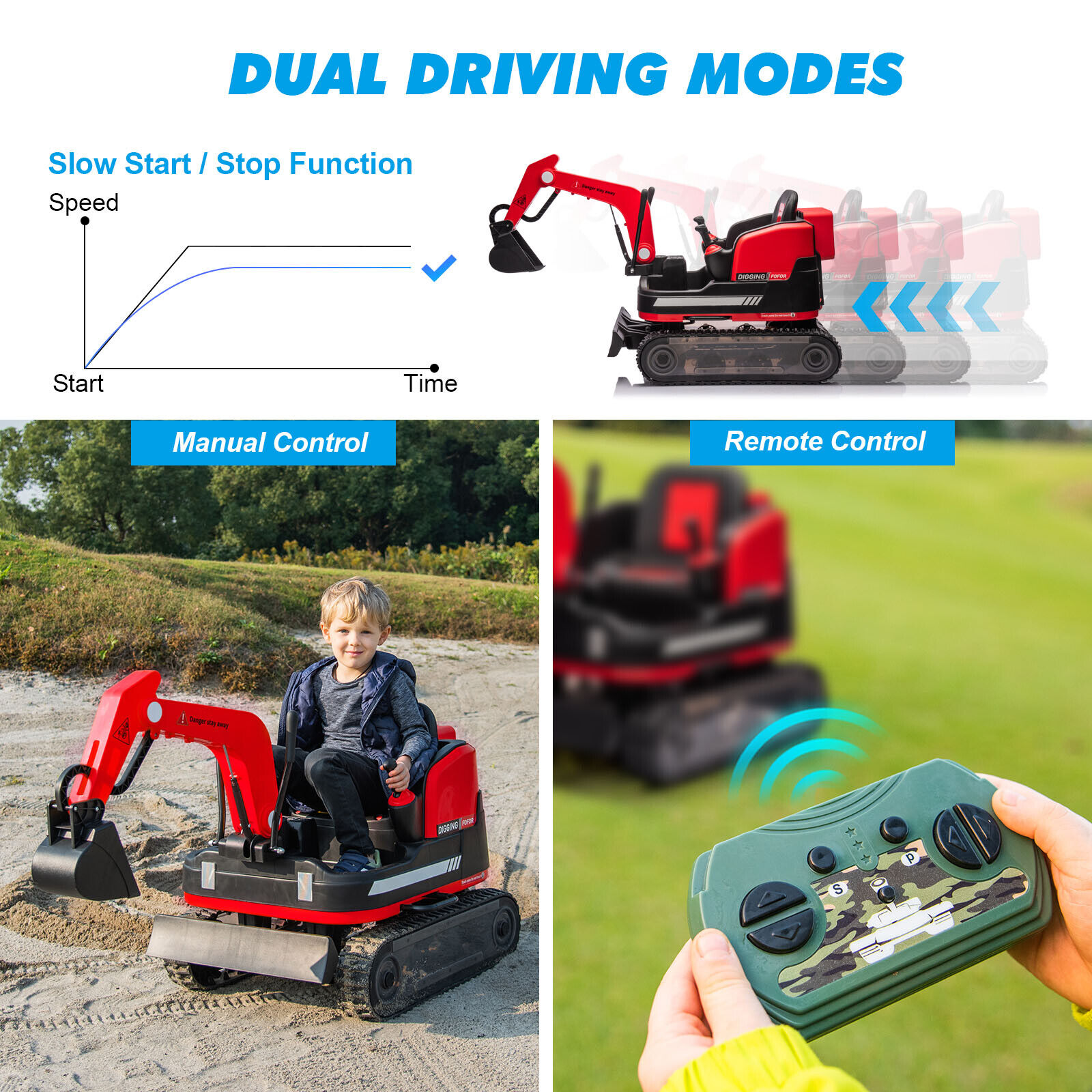 JOYLDIAS Kids 12V Electric 360 Degree Rotating Ride On Excavator and Bulldozer with Track Design Wheels, Remote Control, MP3, Toolbox (Red) - Curated Treasures Market
