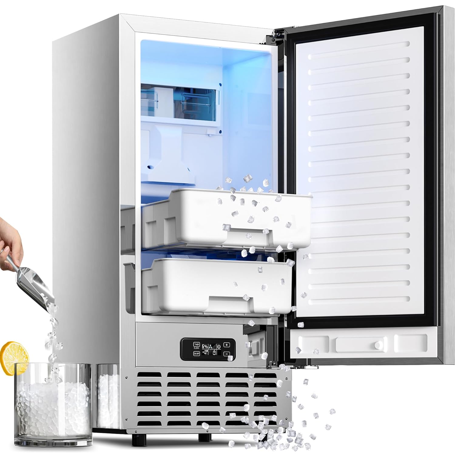 AGLUCKY Under Counter Nugget Ice Maker Machine with Drain Pump, Built-in Ice Machine with Pebble Ice, 70Lbs/Day, 24H Timer & Self-Cleaning, Double ice Baskets, UnderCounter Ice Machine for Home Use