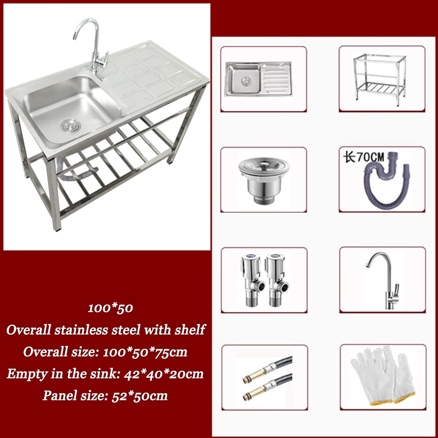 Stainless Steel Utility Sink, Single Bowl Commercial Kitchen Sink with Drainer Shelves, Restaurant Stand Sink for Garage, Laundry Room - Washing Hand Basin W/Workbench