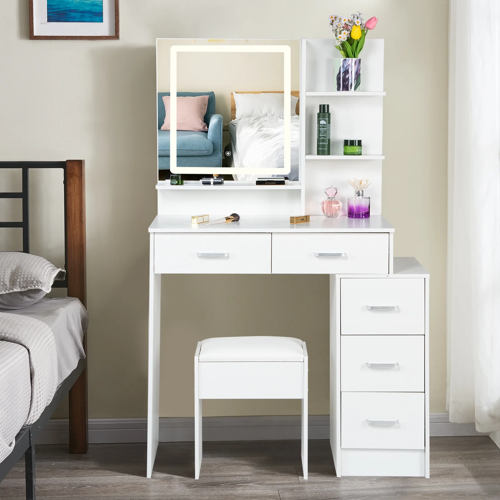 JBLCC Vanity Set with LED Lighted Mirror, Makeup Vanity Desk with Drawers and Shelves, Dressing Table with Stool, White Vanity for Girls Bedroom
