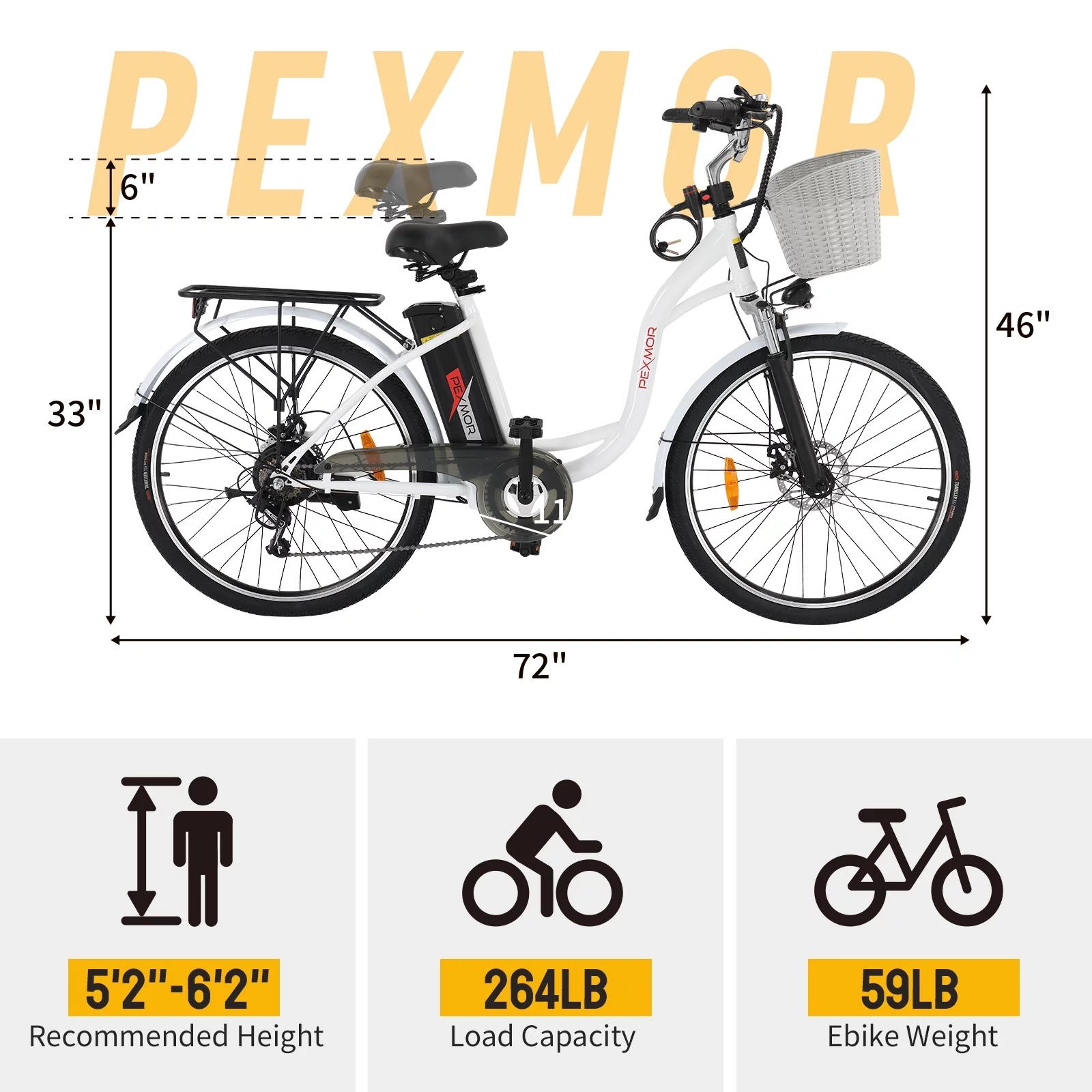 PEXMOR Electric Bike for Adults, 350W Electric City Cruiser Bike  Ebike 36V 12.5AH Removable Battery, 26" Electric Commuter Bicycle Shimano 6-Speed Dual Shock Absorber w/Basket & Headlight
