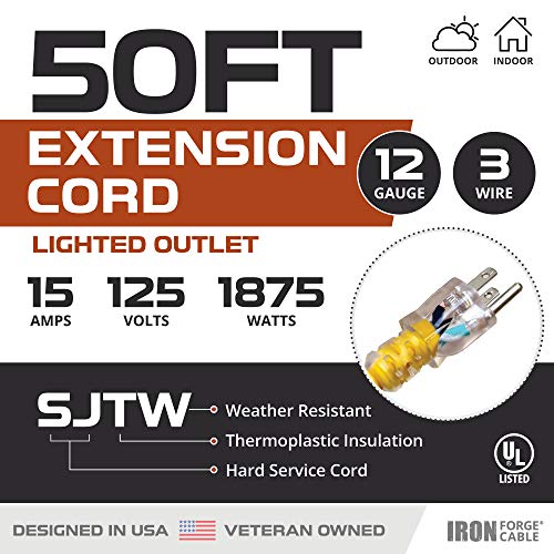 Lighted Outdoor Extension Cords - 12/3 SJTW Heavy Duty Yellow Extension Cords - 5 Lengths to Choose from!