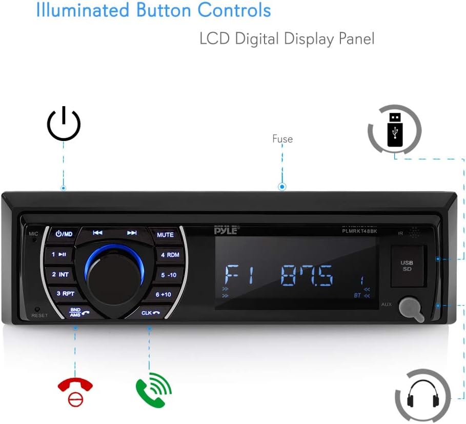 Marine Head Unit Receiver Speaker Kit - In-Dash LCD Digital Stereo Built-in Bluetooth & Microphone w/ AM FM Radio System 6.5’’ Waterproof Speakers (4) MP3/SD Readers & Remote Control - Pyle PLMRKT48BK