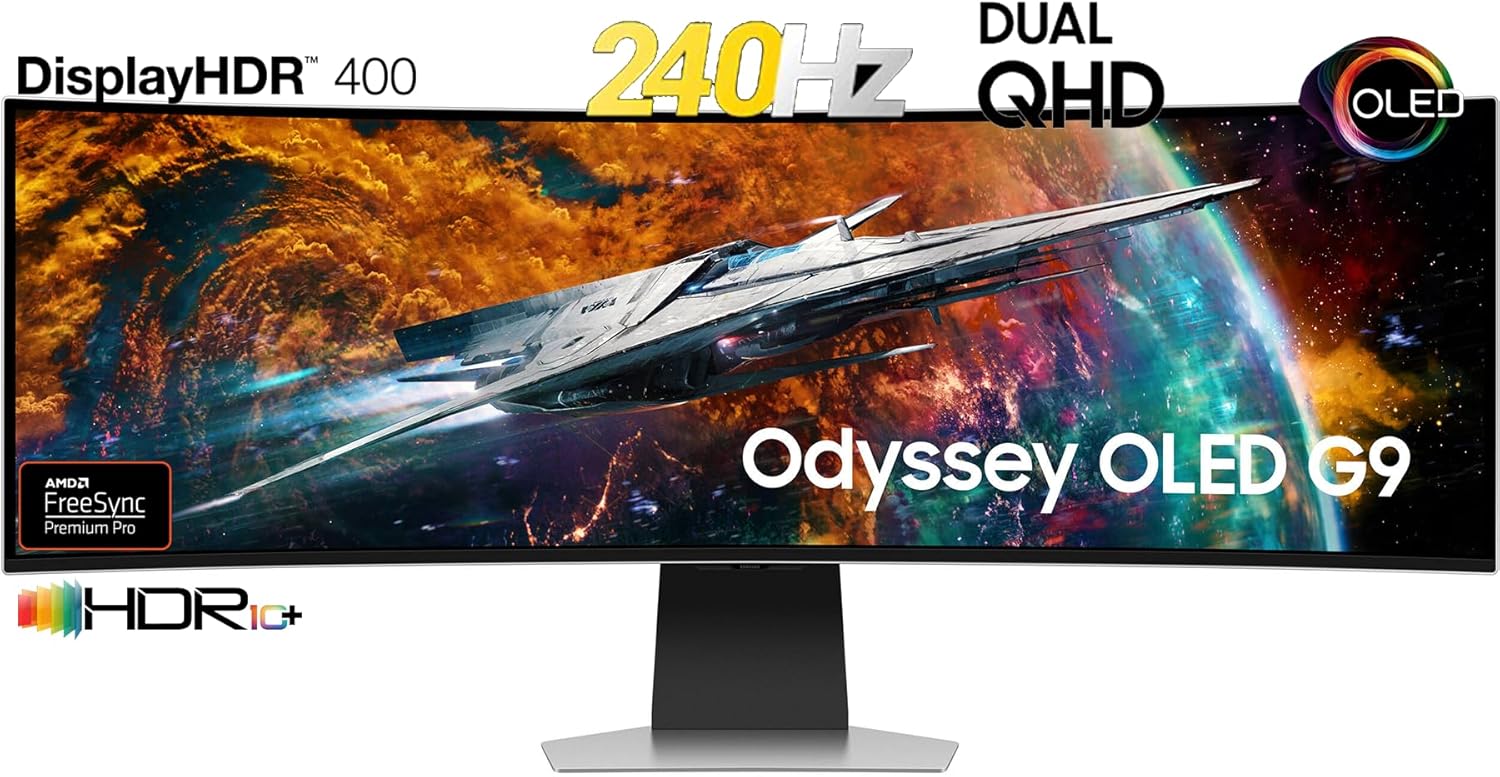 SAMSUNG Odyssey OLED G9 Curved Gaming Monitor - 49" Dual QHD (5120 x 1440) OLED - 240Hz Refresh Rate - 32: 9-0.03ms GTG - HDR10+ - 1,000,000:1 - AMD FreeSync Premium Pro - Flicker Free - Silver