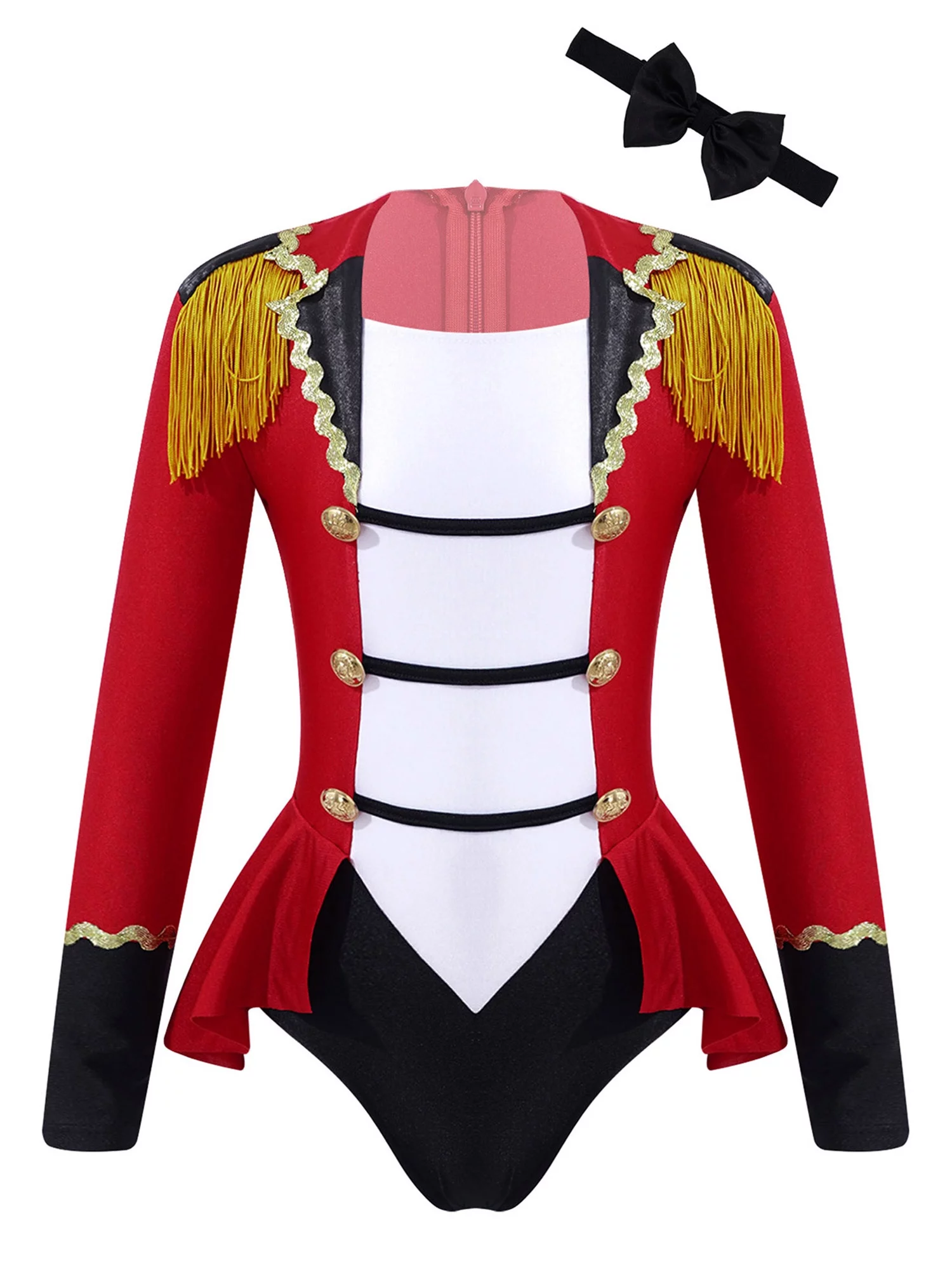 TiaoBug KIds Girls Ringmaster Circus Costume Long Sleeve Tassel Tailcoat Leotard Bodysuit with Bow Tie Hat Magic Wand Gloves Red 10 - Curated Treasures Market