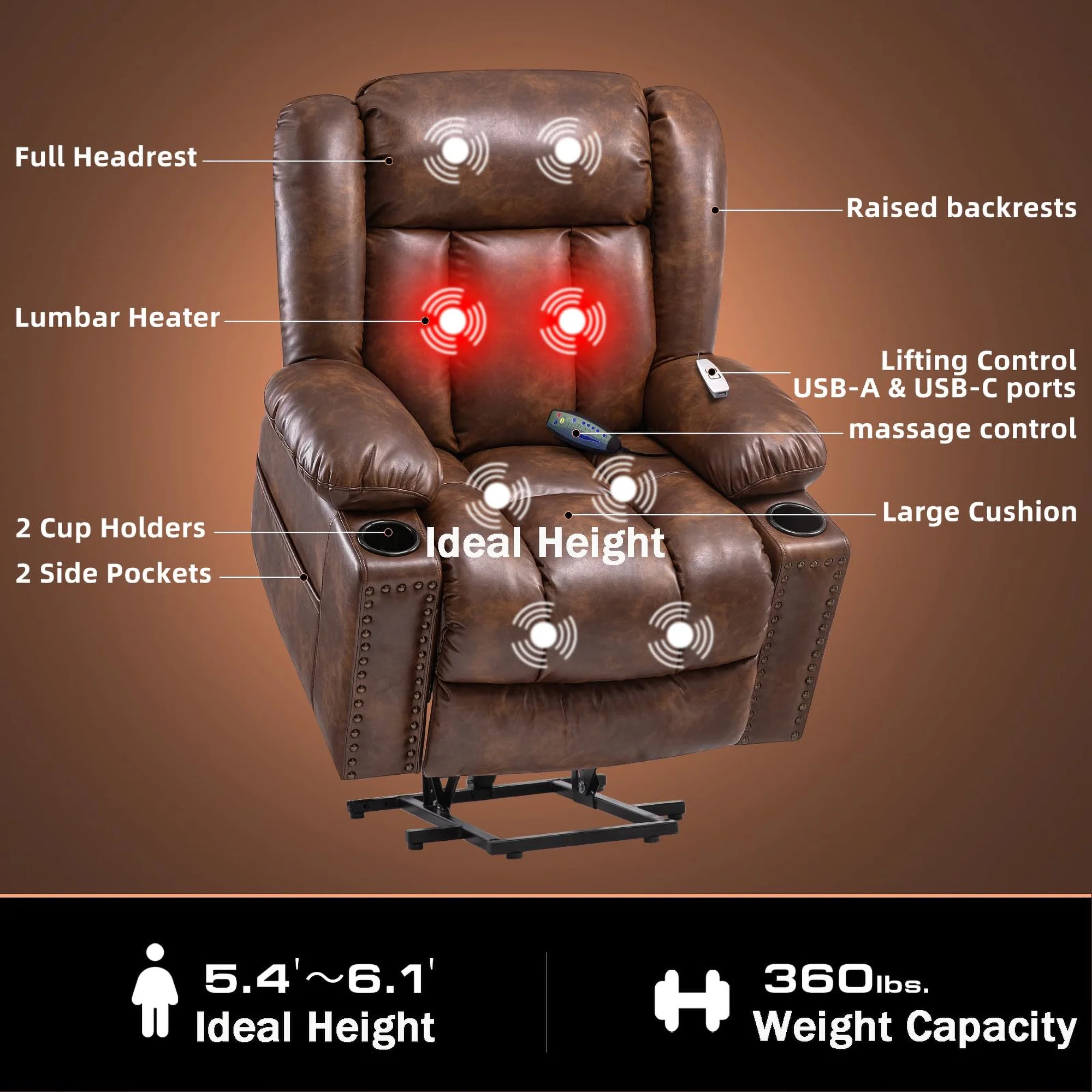 SONORO KATE Large Power Lift Recliner for Elderly with Massage and Heat, 41" Wide Breathable Leather Chair, Brown