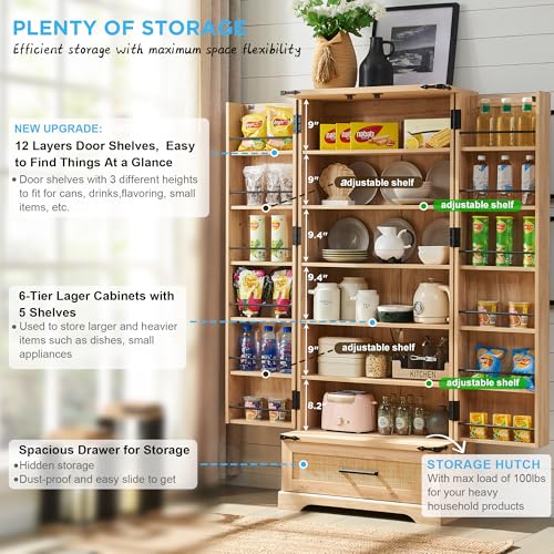 72" Farmhouse Kitchen Pantry Cabinet with Drawer, Tall Storage Cabinet with 2 Barn Doors and Shelves, Versatile Large Rustic Cupboard for Dining Room, Bathroom, Living Room, Laudry, White