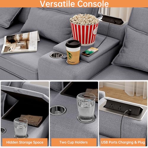 Modular Sectional Sofa, Convertible U Shaped Sofa Couch with Central Console & USB Ports, 7 Seat Modular Sectionals Couch with Chaise and Storage for Living Room, Light Grey