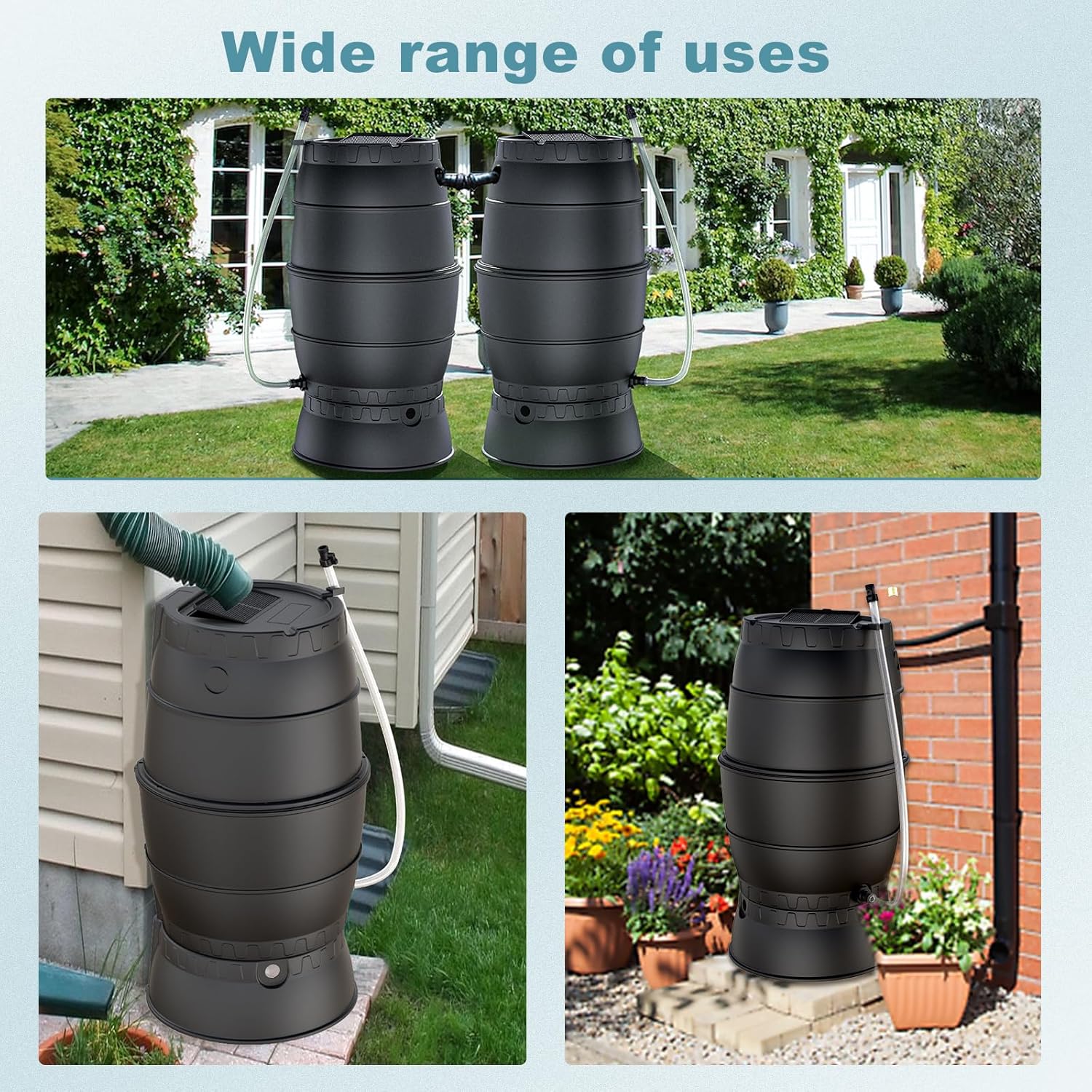 SQUEEZE master 50 Gallon Rainwater Collection Barrel with Stand-BPA Free Home Rain Catcher with Outlet Hose-Flatback Designed Water Storage Collection Barrel for Gardens and Plants