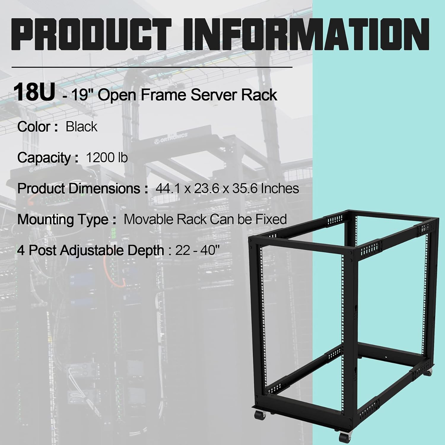 18U 19" Open Frame Server Rack - 4 Post Adjustable Depth 22-40" Mobile - Free Standing Rolling Network/Computer Equipment Data Rack (Black)