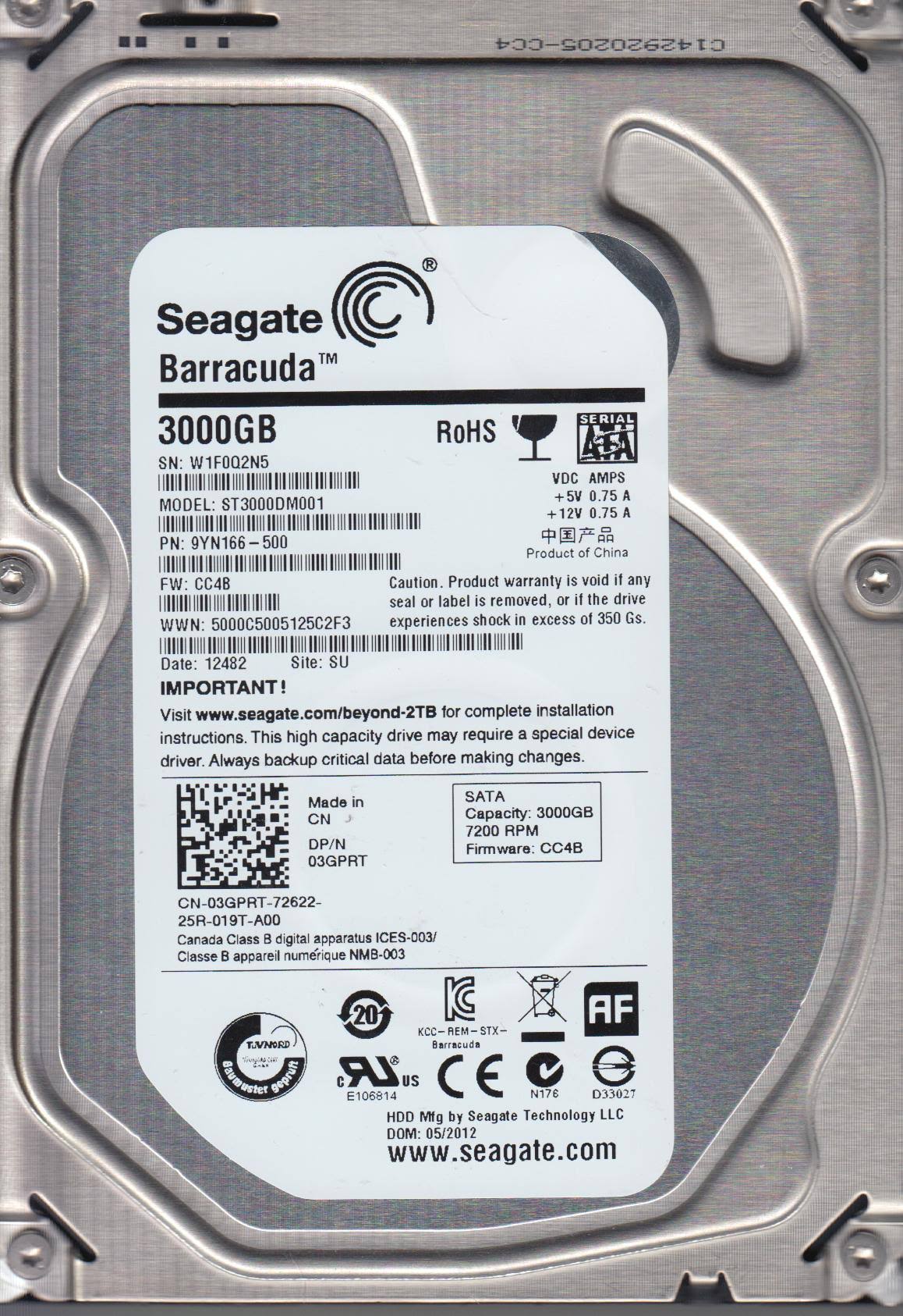 ST3000DM001, W1F, SU, PN 9YN166-500, FW CC4B, Seagate 3tb SATA 3.5 Hard Drive