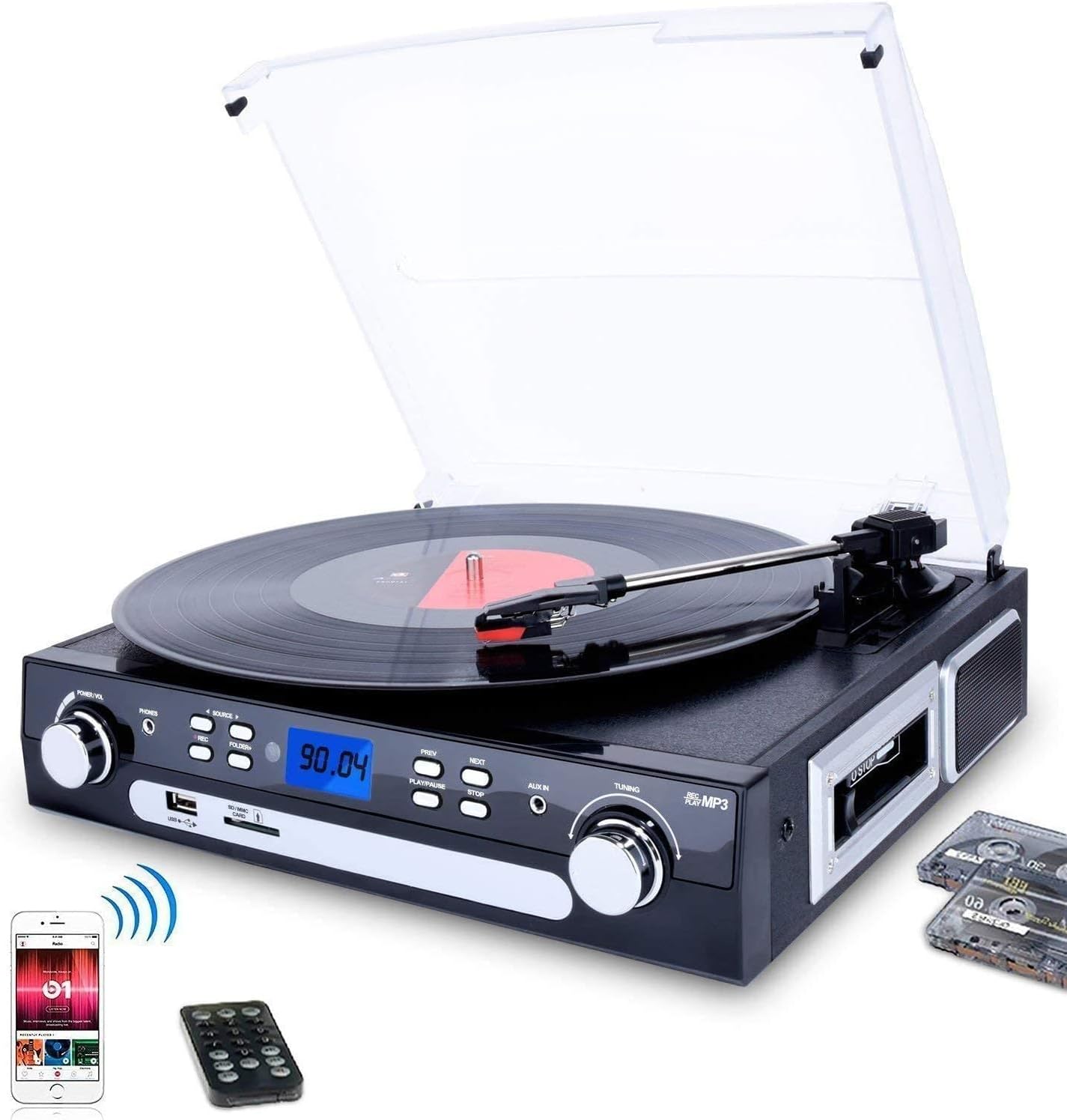 DIGITNOW Bluetooth Record Player with Stereo Speakers, Turntable for Vinyl to MP3 with Cassette Play, AM/FM Radio, Remote Control, USB/SD Encoding, 3.5mm Music Output Jack Pack of 2