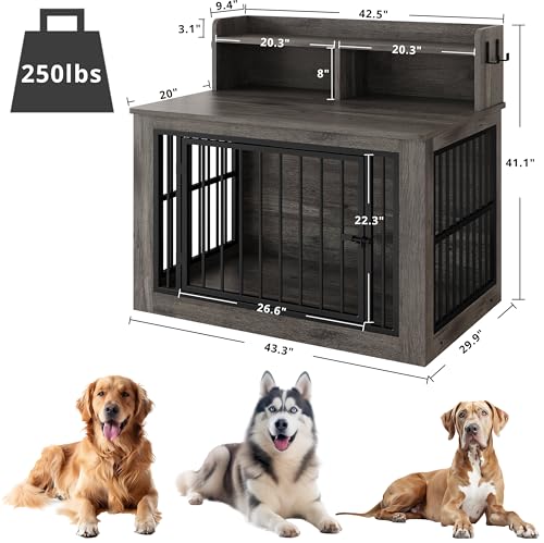 IRONCK Extra Large Dog Crate Furniture, 43.3 inches Wooden Dog Crate with Storage and 4 Hooks, Heavy Duty Pet Crate for Large Dog, Decorative Pet Cage for Indoor (30" L x 43.3" W x 41.1" H)