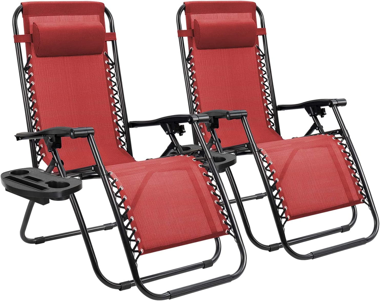 Zero Gravity Chair Patio Folding Lawn Lounge Chairs Outdoor Lounge Gravity Chair Camp Reclining Lounge Chair with Cup Holder Pillows for Poolside Backyard and Beach Set of 2 (Red) - Curated Treasures Market