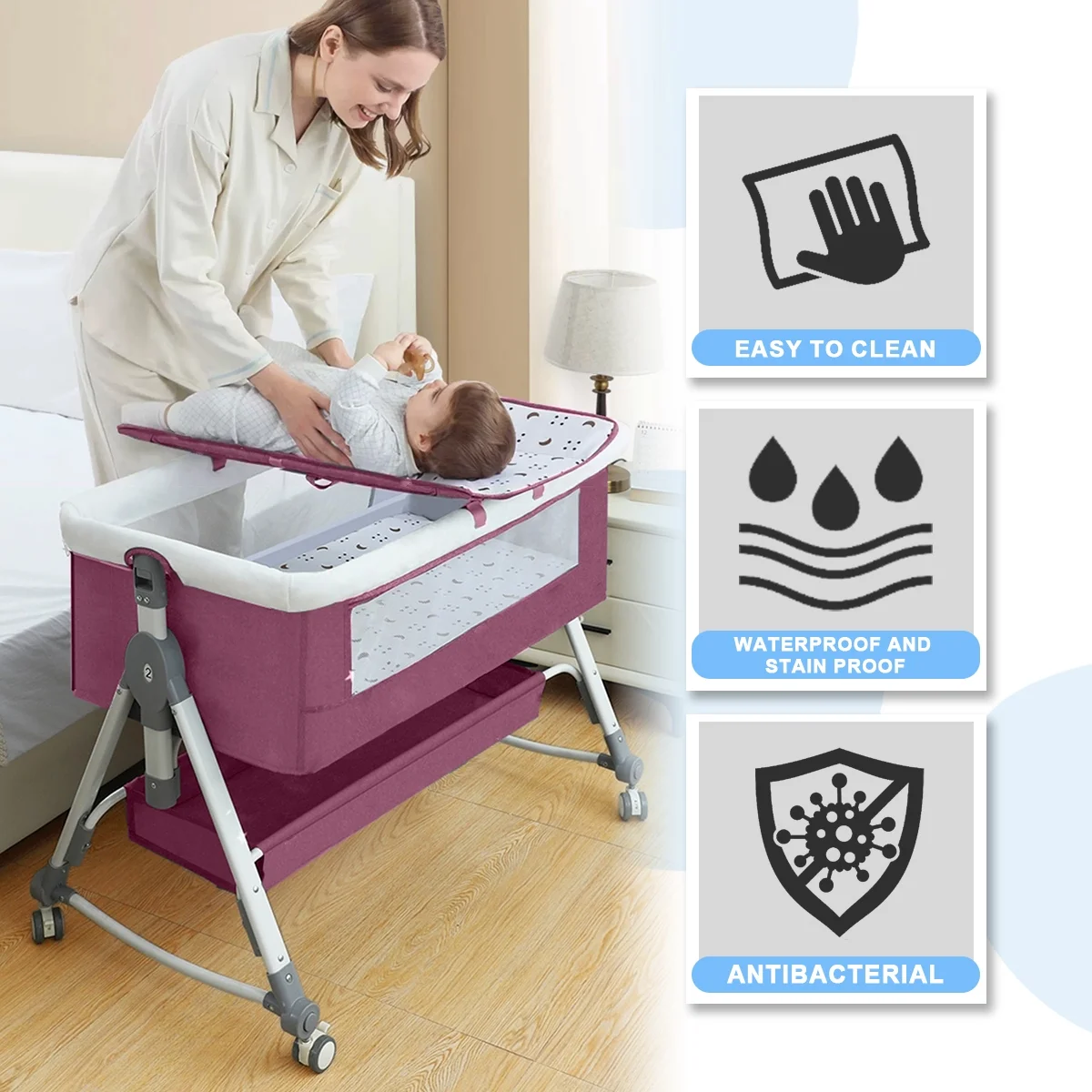 Baby Bassinet, 4 in 1 Infant Bedside Crib with Storage Basket and Wheel &Changing Table, Adjustable Infant Cradle, Pink