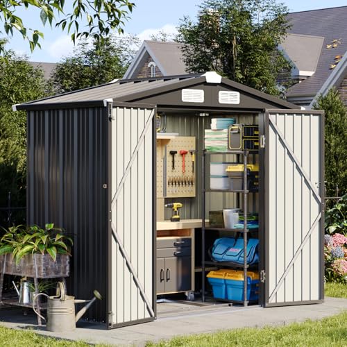 Aoxun 6x3.9 FT Shed with Base Metal Outdoor Storage Shed Garden Shed with Lockable Doors Tool Shed Bike Shed for Backyard, Patio, Poolside (Brown)