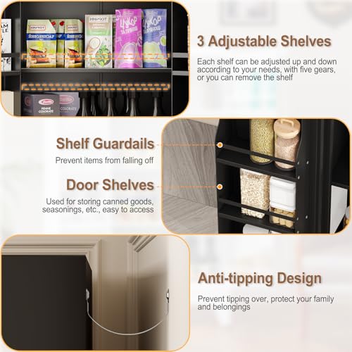 75.2" Tall Metal Pantry Cabinet, Storage Cabinets with 4 Door and 4 Adjustable Shelves, Black Kitchen Pantry Storage Cabinet, Freestanding Cupboard for Kitchen Dining Room Living Room Bathroom
