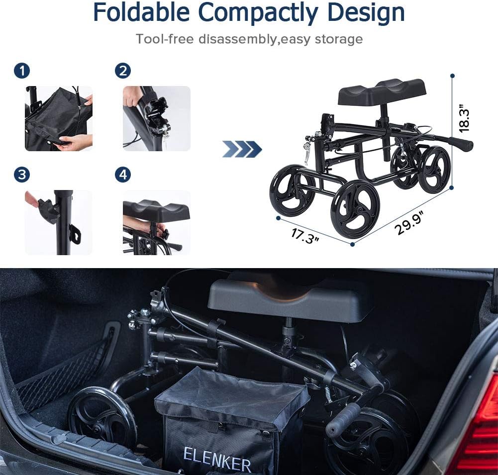 ELENKER Knee Scooter Economy Steerable Knee Walker Ultra Compact & Portable Crutch Alternative with Basket Braking System for Ankle/Foot/Leg Injury or Surgery Black