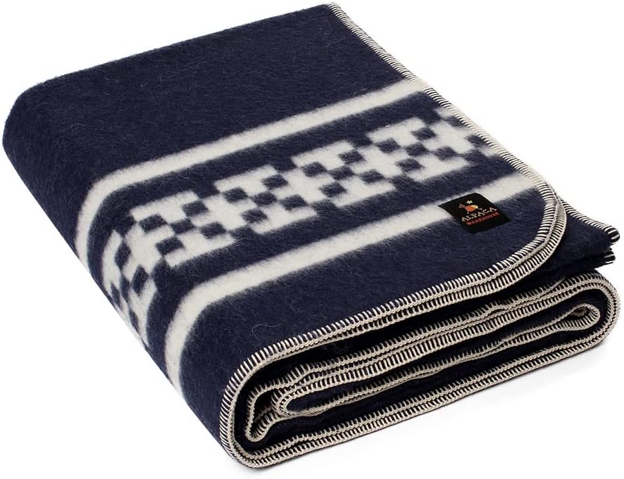 Thick Alpaca Wool Blanket Heavyweight Alpaca Wool Blanket Camping Outdoors Indoors Soft Peruvian Alpaca Wool Blankets That Come in Twin Queen King Size Ethnic Design (Navy Blue - Soft Gray, Queen)