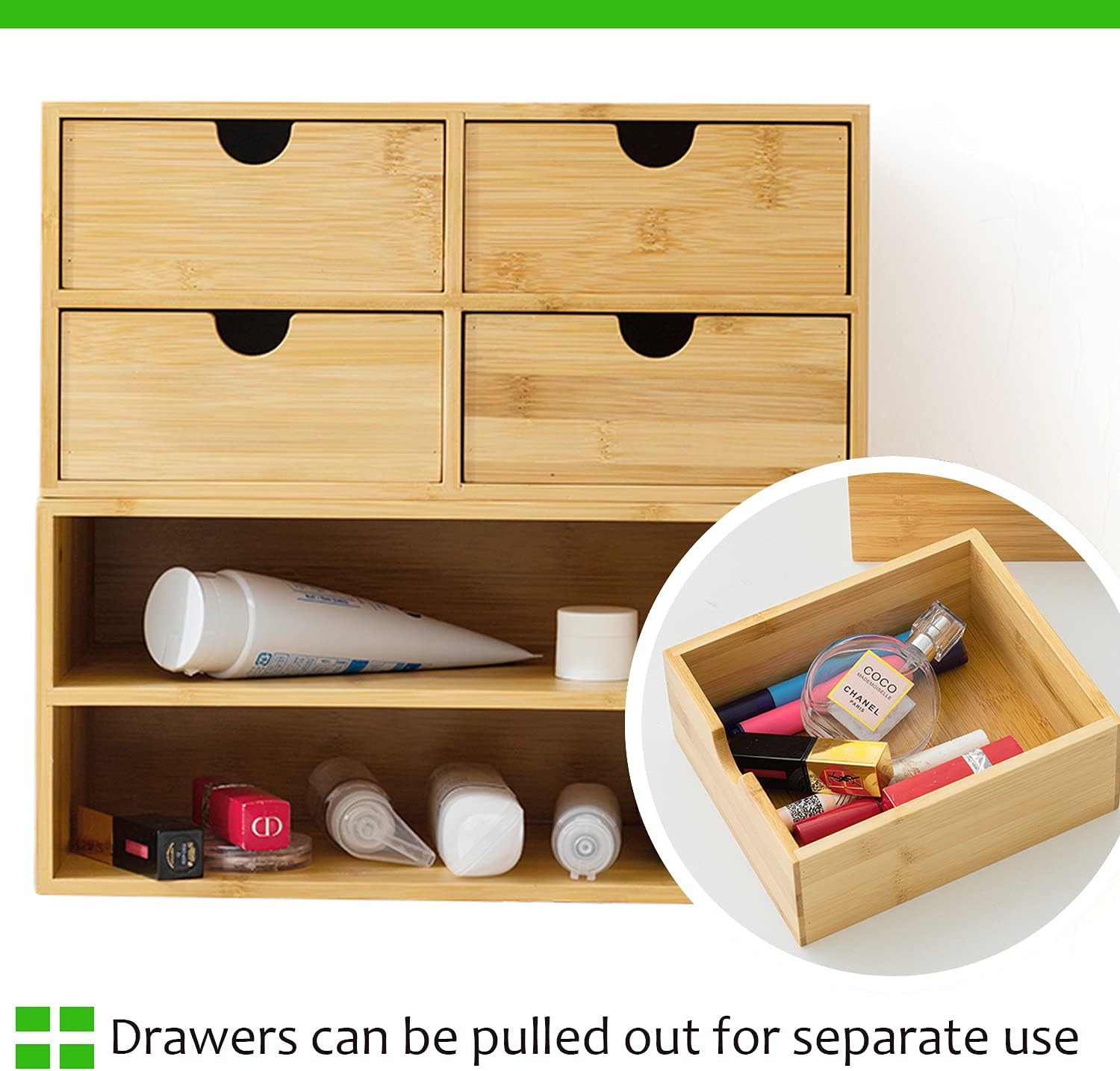 Wisdture Mini Storage Box with Drawers,Practical Office Storage Bins,Bamboo Desk Sets and Accessories Suitable for Office,Bedroom,Dressing Table,Large Desk Organizer(3 Drawer with Tall Drawer)