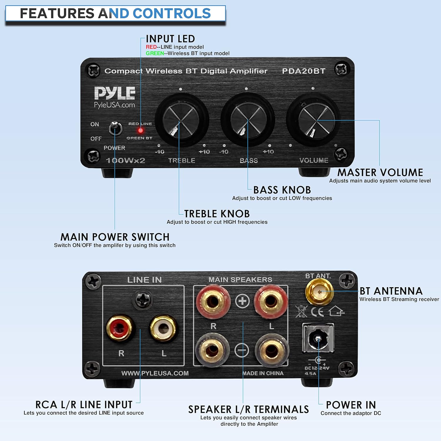 Bluetooth HiFi Mini Audio Amplifier - Class D Digital Desktop PC Stereo Amplifier Receiver (2 x 100 Watt MAX) Aluminum Diecast- Pyle PDA20BT, Micro Amp
