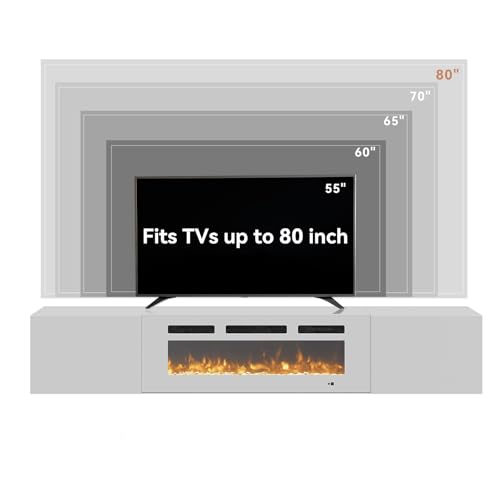 Aoxun Floating Fireplace TV Stand,70" TV Cabinet,Wall Mounted Entertainment Center with 36" Electric Fireplace,Modern LED Lights Media Console for TVs Up to 80" (Black TV Stand-White Fireplace)