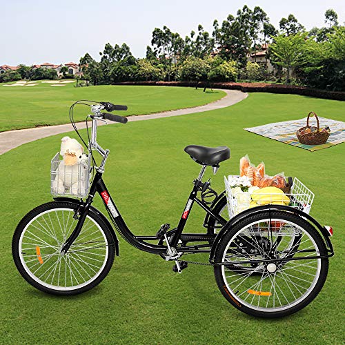PEXMOR Adult Tricycle, 24/26 Inch 7 Speed 3 Wheel Bikes Tricycle for Adults, Adult Trike for Women/Men/Seniors, Three Wheel Cruiser Bike w/Folding Front & Rear Basket for Shopping/Recreation/Picnic