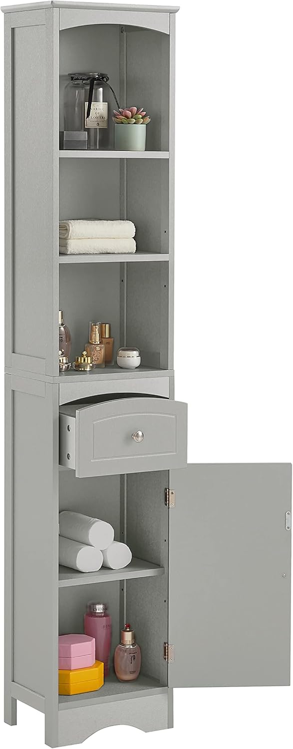 Tall Slim Bathroom Storage, Narrow Freestanding Floor Cabinets Tower w/ 3-Tier Adjustable Shelf and 1 Drawer for Home, Kitchen, Living Room, Anti-Tipping, 13.4" L x 9.1''W x 66.9''H, Grey