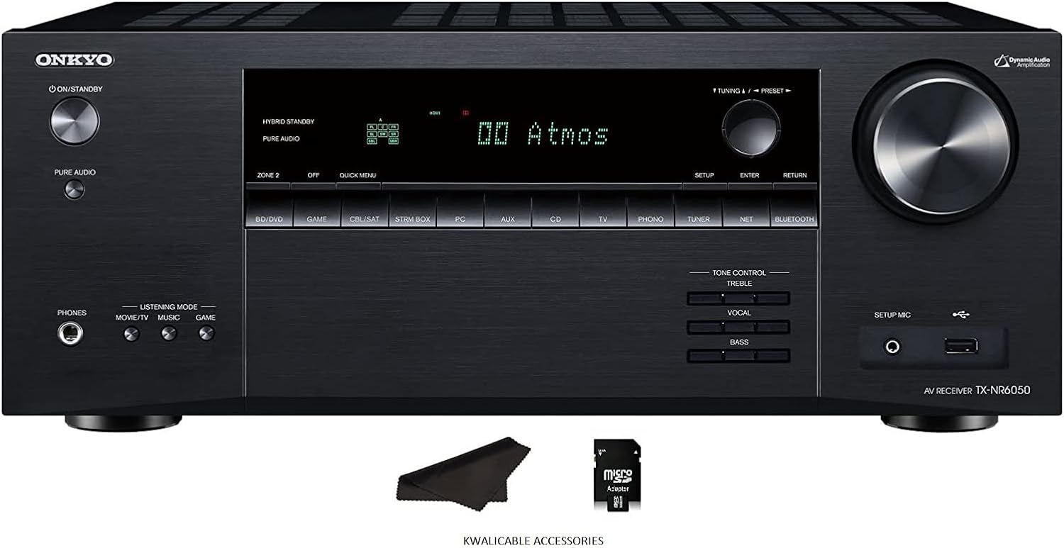 Onkyo TX-NR6050 7.2 Channel Network Home Theater | Smart AV Receiver | 8K/60, 4K/120Hz | 90W | HDR | VRR | DTS | Dolby Atmos | ALLM | QFT | Includes Kwalicable Micro SD Card & Cleaning Cloth