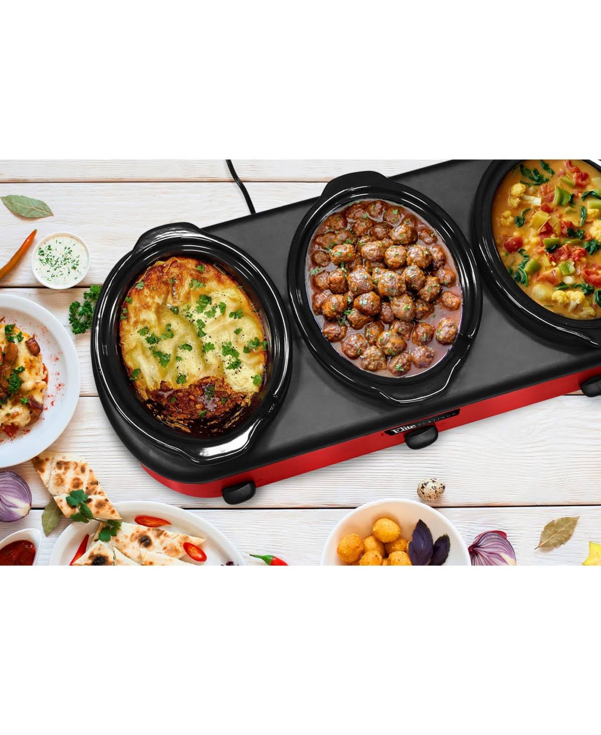 Elite Platinum Triple Slow Cooker Buffet, Red