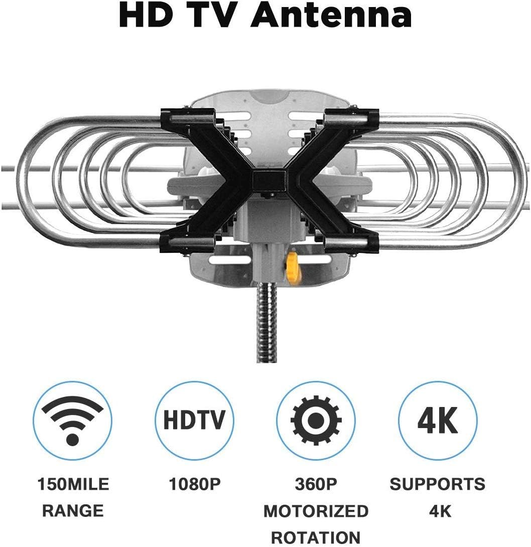 Outdoor Antenna - Amplified Digital HDTV Antenna 150 Miles Range 360 Degree Rotation- Support UHF/VHF 4K 1080P with Mounting Pole & 33 ft RG6 Coax Cable