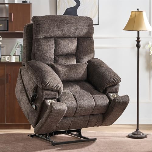 Light Grey Recliner Chair for Elderly | Tall and Big Man 400lbs | Chenille | Power Lift, Lay Flat, Stand Up, Wireless Charging Device, Extended Footrest, Massage Heat, Cup Holder, Lumbar Pillow