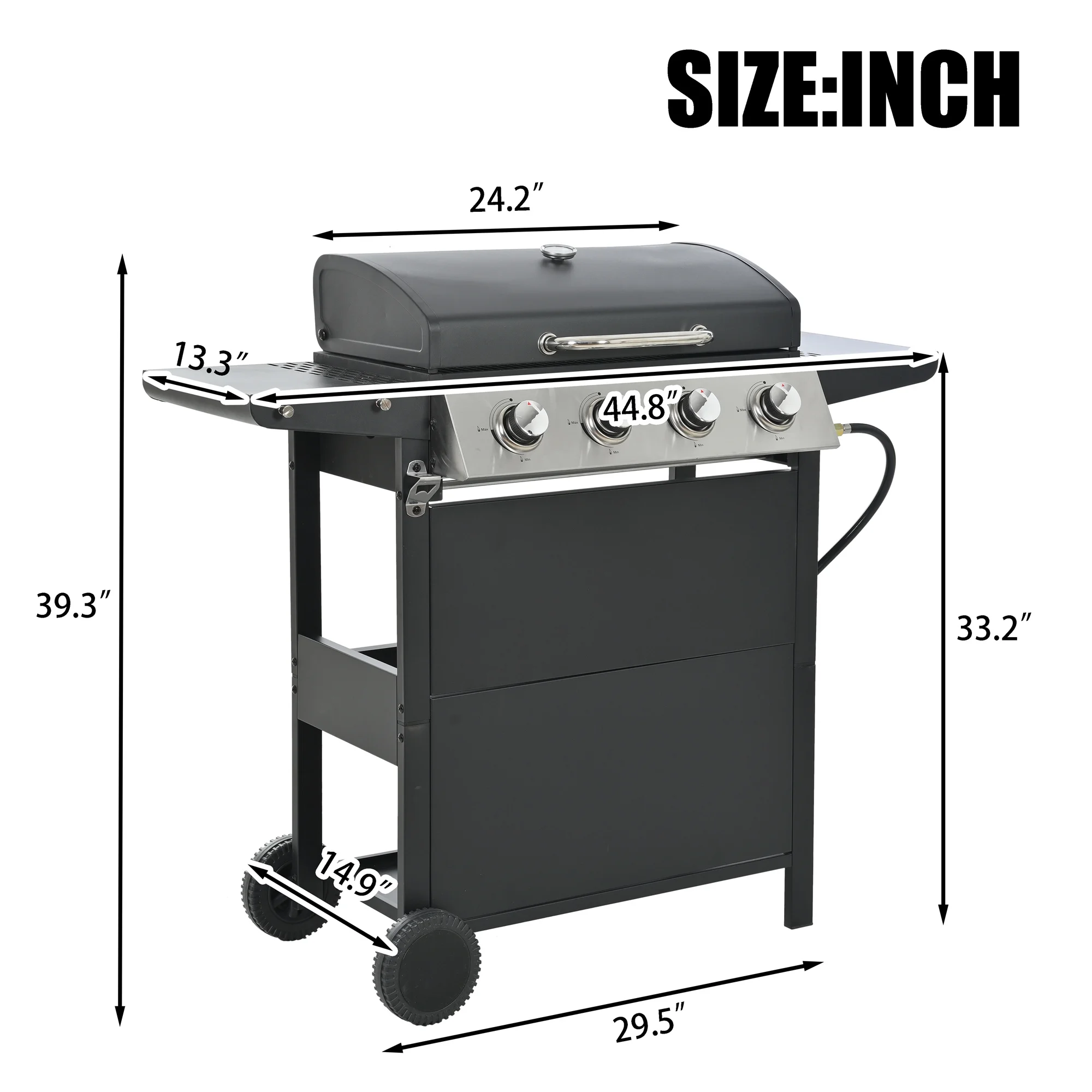 Highsound 3 Burner BBQ Propane Gas Grill with Side Burner, Stainless Steel 37,150 BTU Patio Garden Barbecue Grill with Thermometer, Black